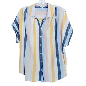 Time and Tru Button Front Blue/Yellow Stripe Top 100% Cotton
